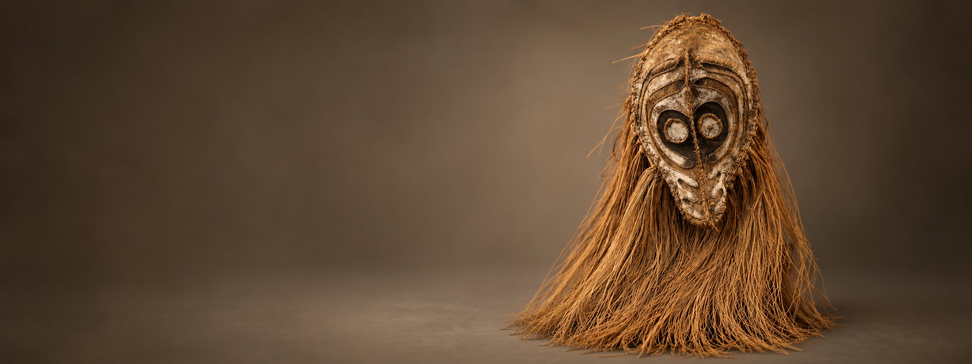 Fibre and bark mask with long raffia beard